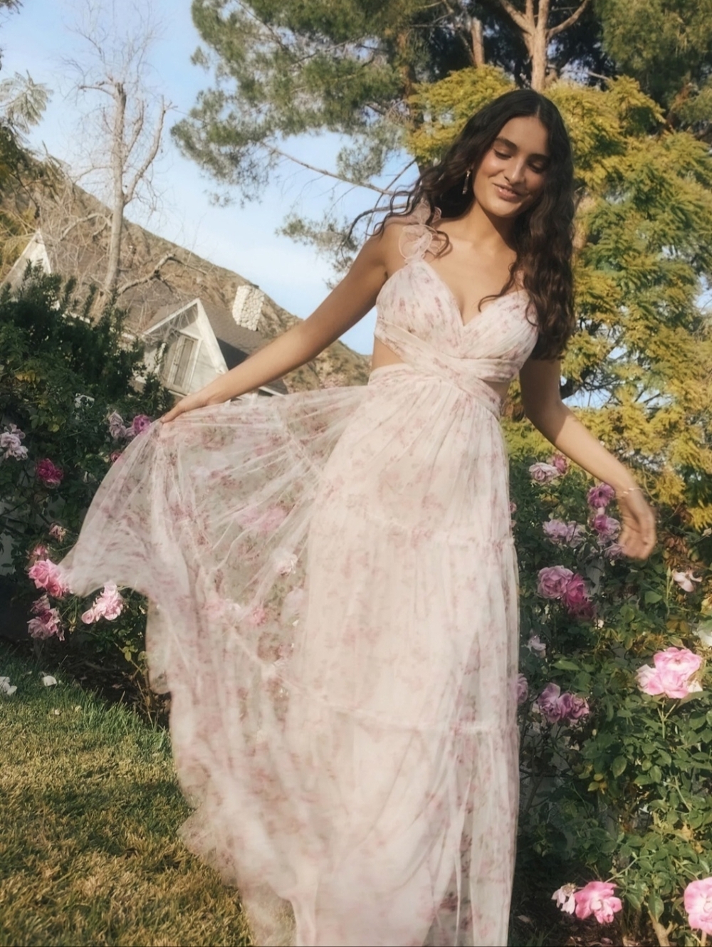NWT Lulus Ethereal Love Blush Floral Pleated Tiered Tie-Back Whimsy Maxi Dress M